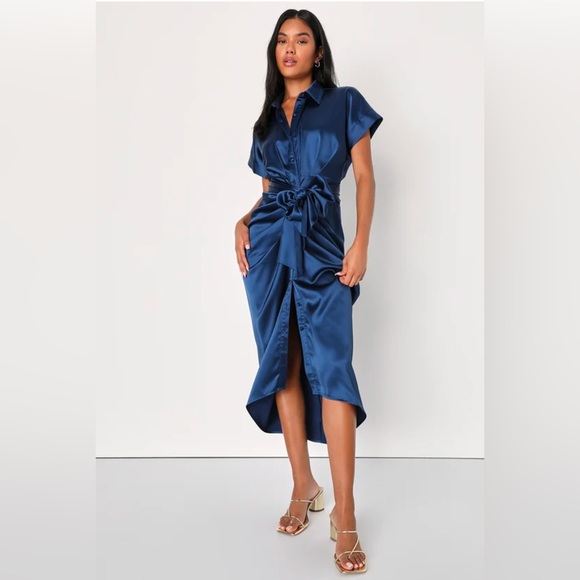 Navy Blue Satin Tie-Front Midi Dress Size Medium - Picture 1 of 4